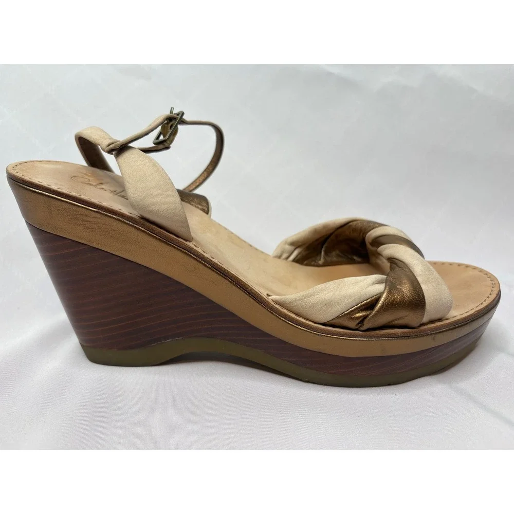COLE HAAN Tan Bronze Metallic Nike Air Twisted‎ Strap Wedge Sandals Sz 10 Boho